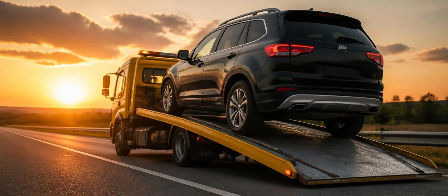 Abschleppdienst — Abschleppwagen mit PKW bei Sonnenuntergang
